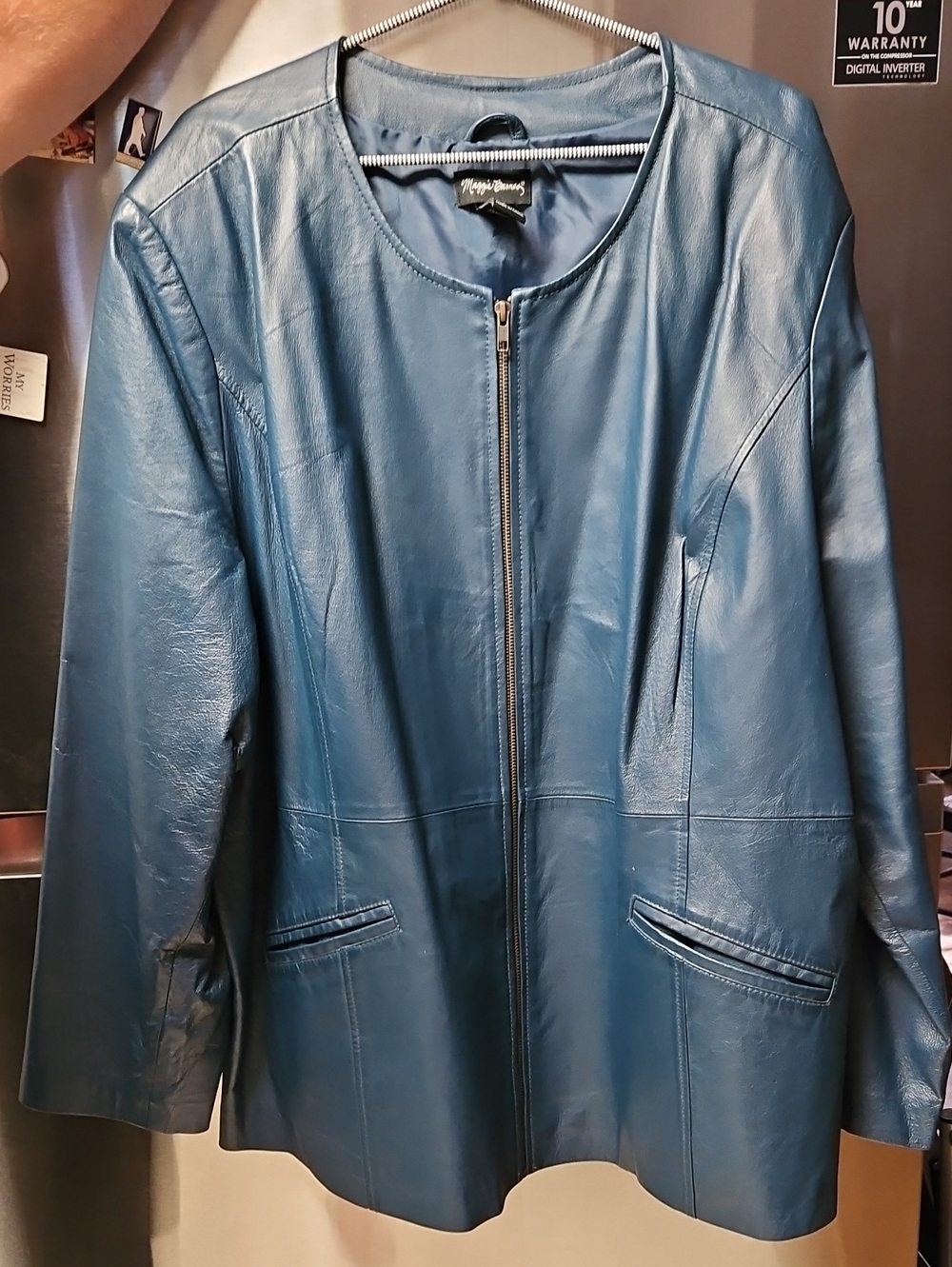 Maggie Barnes Teal-Blue Leather Zip Jacket